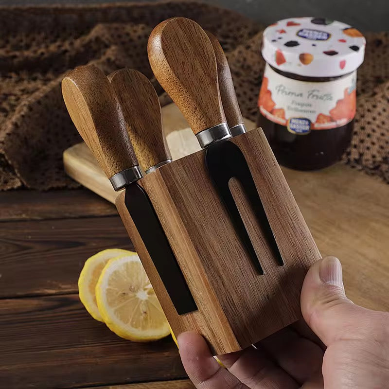 Luxury 5-Piece Acacia Wood Cheese Knife Set with Standing Magnetic Display Block