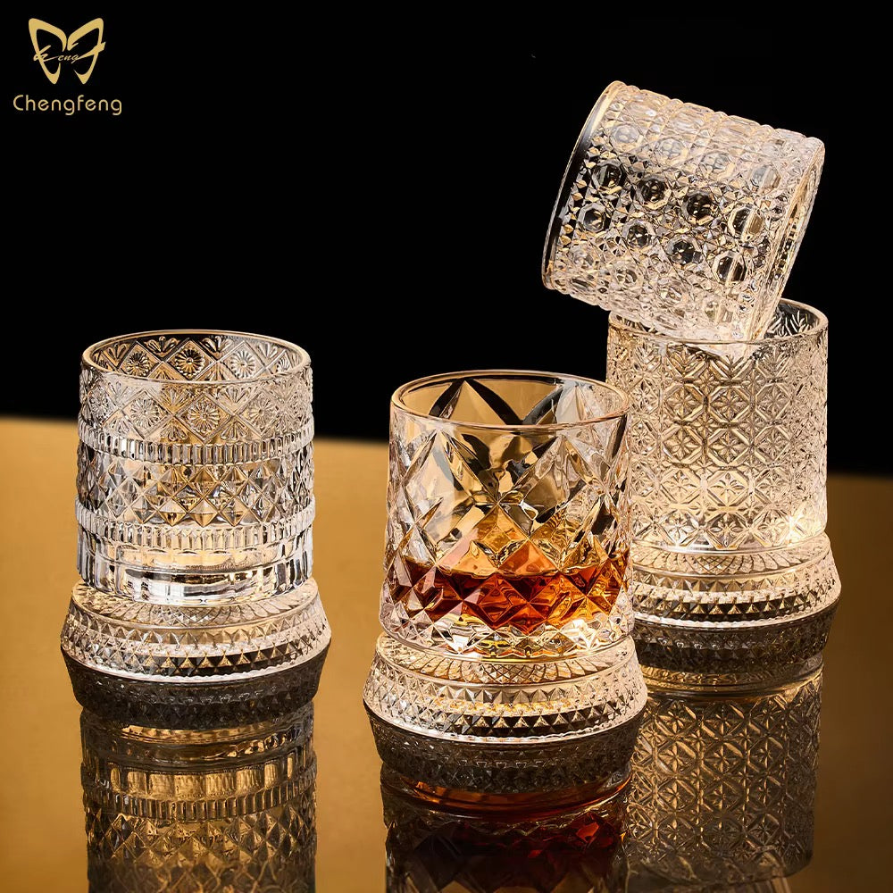 Rotating Crystal Whiskey Glass Set – 360° Spinning Tumblers with Hardwood Coasters (Set of 2)