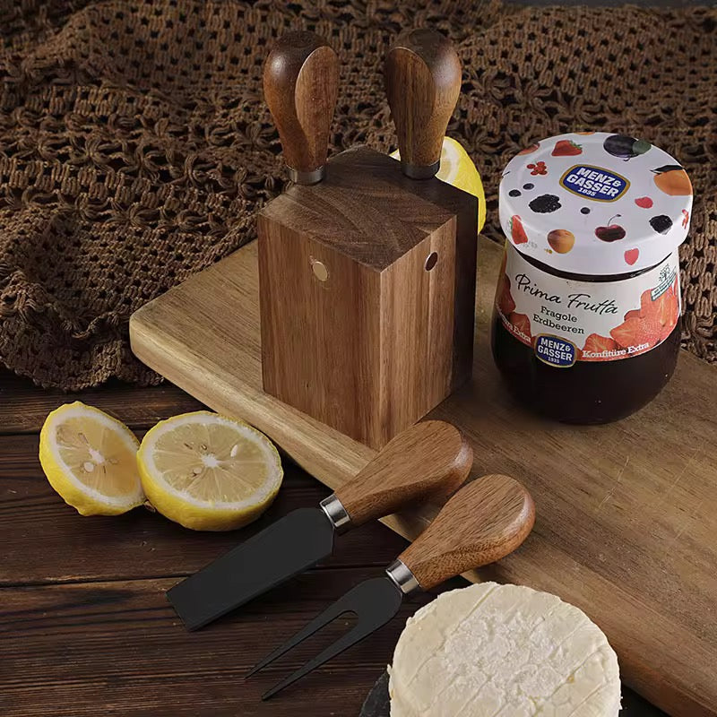 Luxury 5-Piece Acacia Wood Cheese Knife Set with Standing Magnetic Display Block