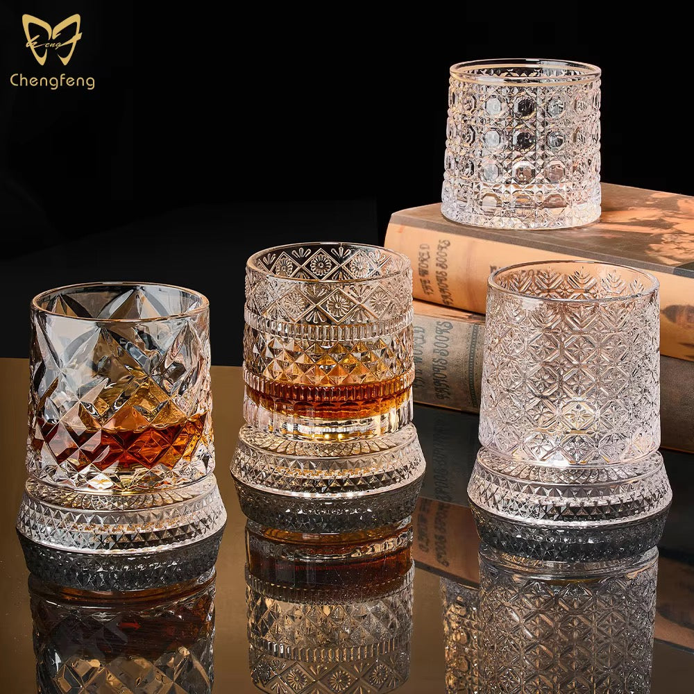 Rotating Crystal Whiskey Glass Set – 360° Spinning Tumblers with Hardwood Coasters (Set of 2)