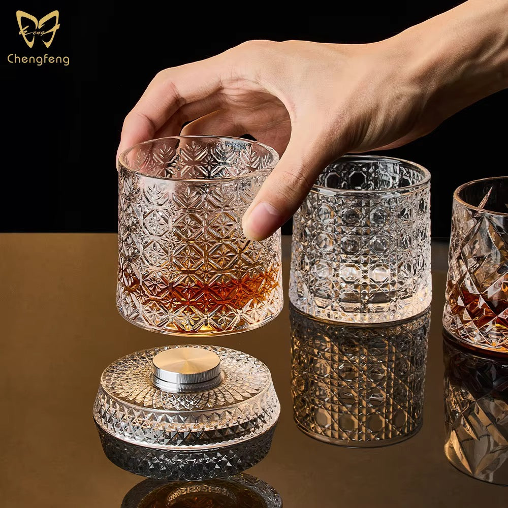 Rotating Crystal Whiskey Glass Set – 360° Spinning Tumblers with Hardwood Coasters (Set of 2)
