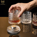 Rotating Crystal Whiskey Glass Set – 360° Spinning Tumblers with Hardwood Coasters (Set of 2)