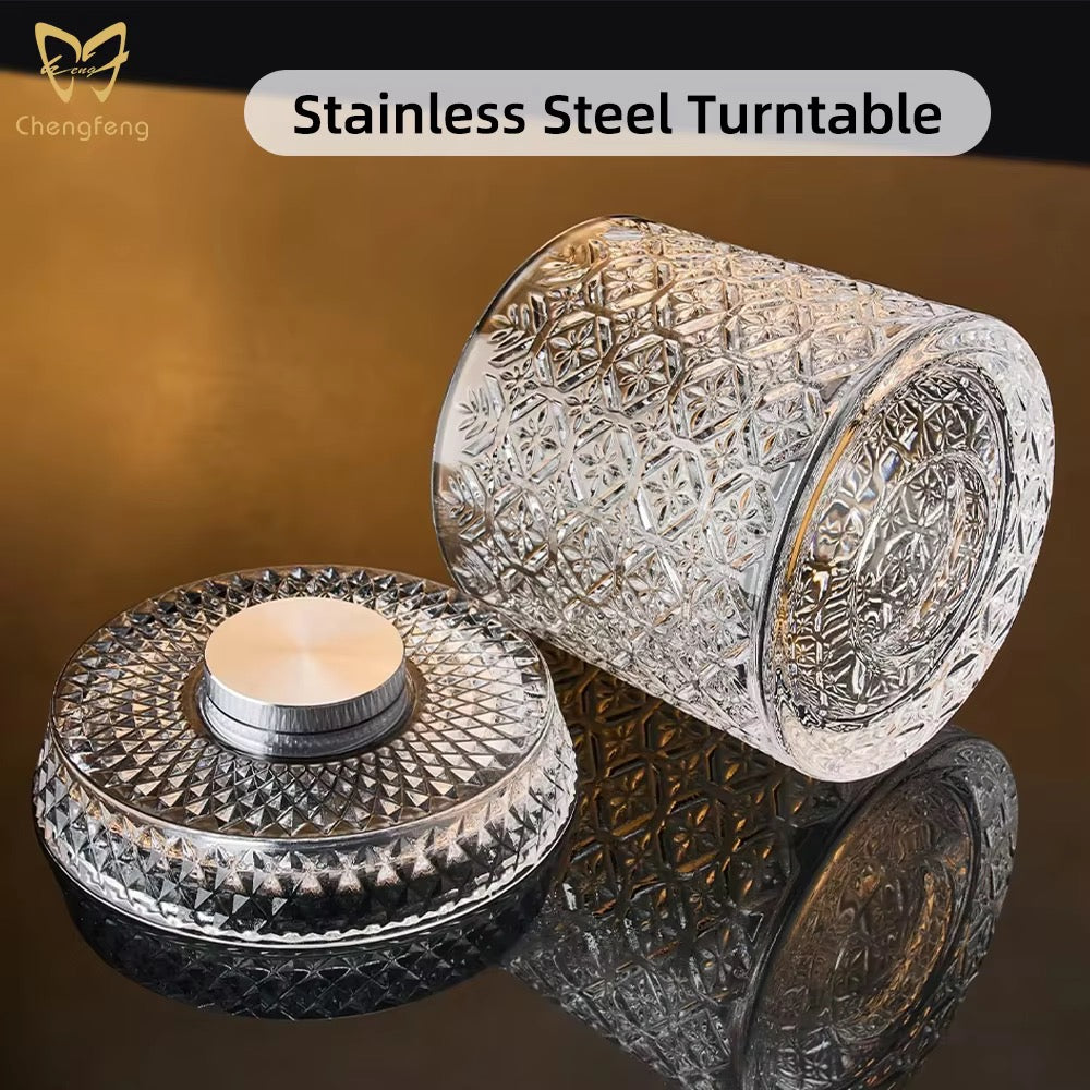 Rotating Crystal Whiskey Glass Set – 360° Spinning Tumblers with Hardwood Coasters (Set of 2)