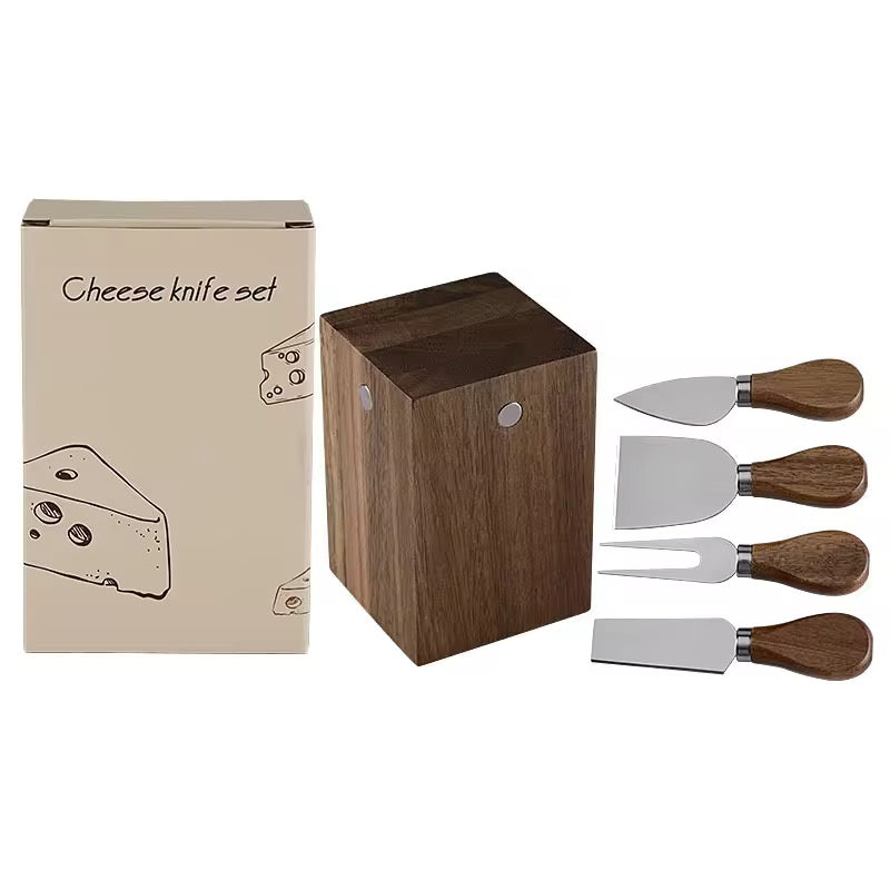Luxury 5-Piece Acacia Wood Cheese Knife Set with Standing Magnetic Display Block