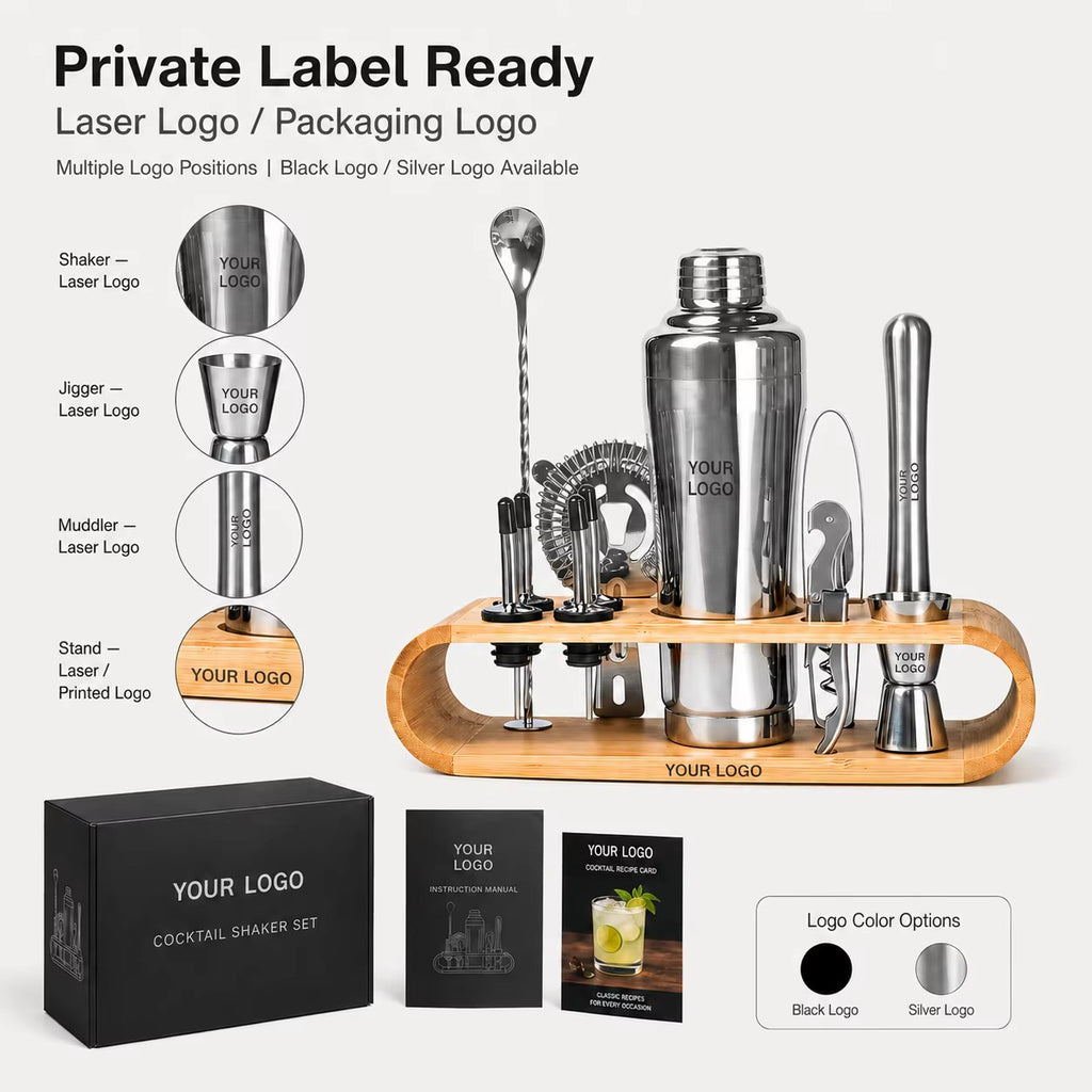uxury 12-Piece Bartender Kit with Curved Bamboo Stand – 304 Stainless Steel Cocktail Shaker Set