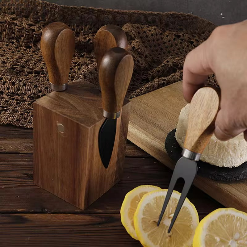 Luxury 5-Piece Acacia Wood Cheese Knife Set with Standing Magnetic Display Block