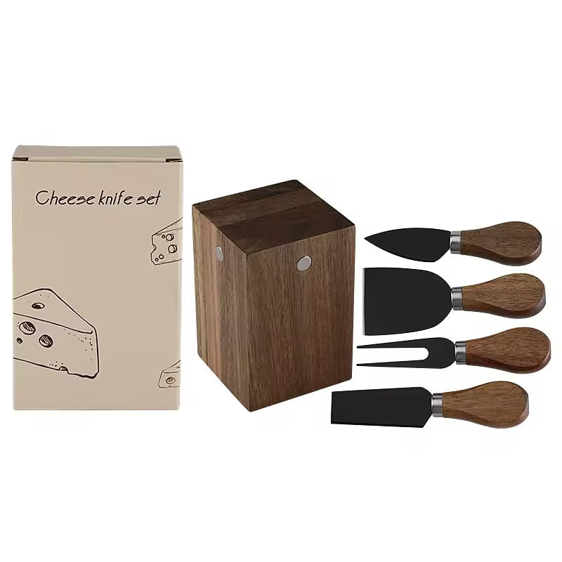 Luxury 5-Piece Acacia Wood Cheese Knife Set with Standing Magnetic Display Block