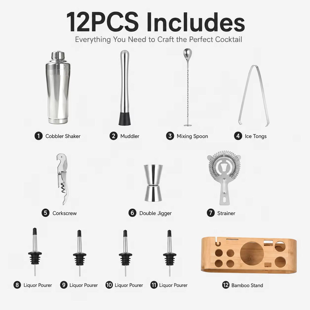 uxury 12-Piece Bartender Kit with Curved Bamboo Stand – 304 Stainless Steel Cocktail Shaker Set