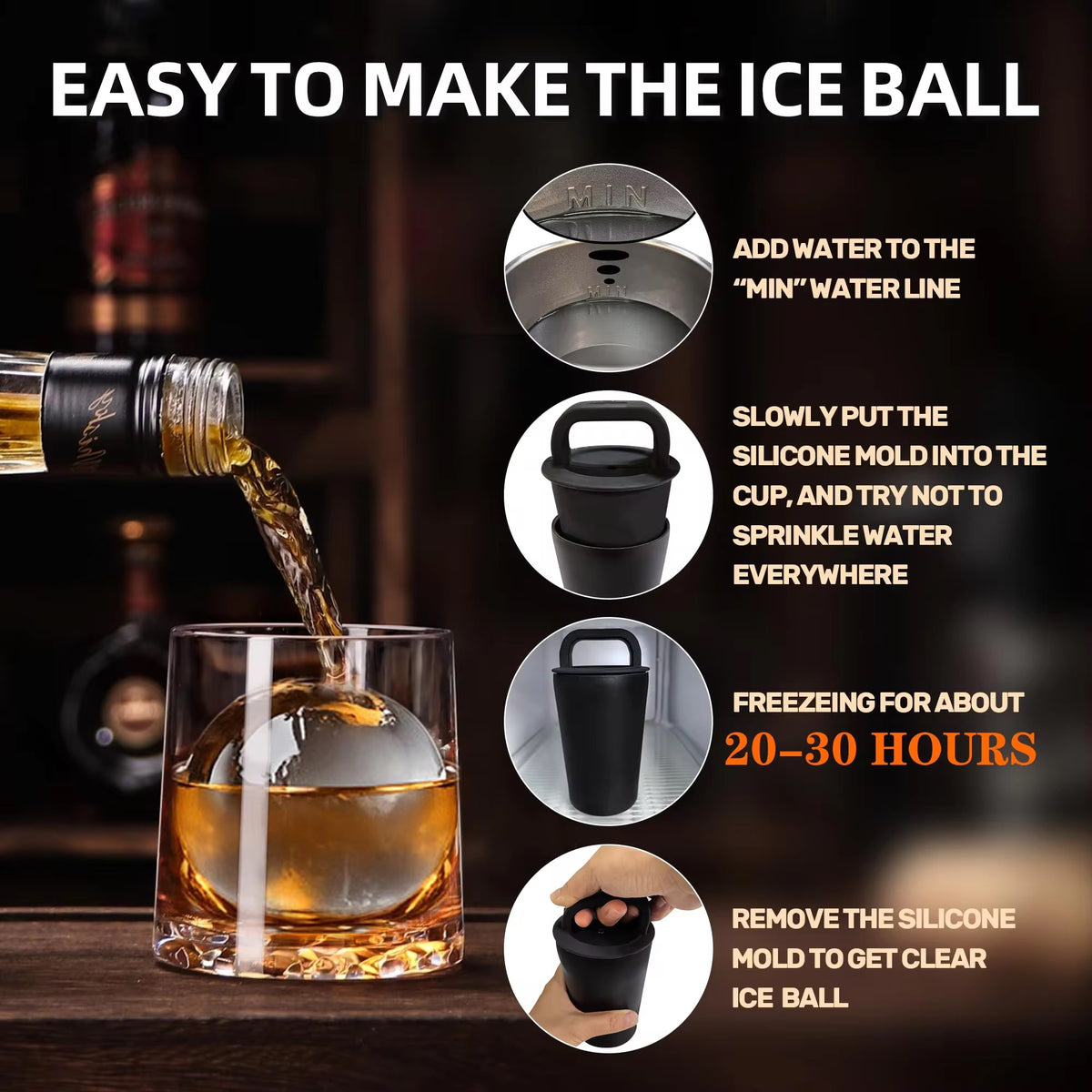 Crystal-Clear Whiskey Ice Ball Maker – 64mm Slow-Melting Directional Freezing Mold