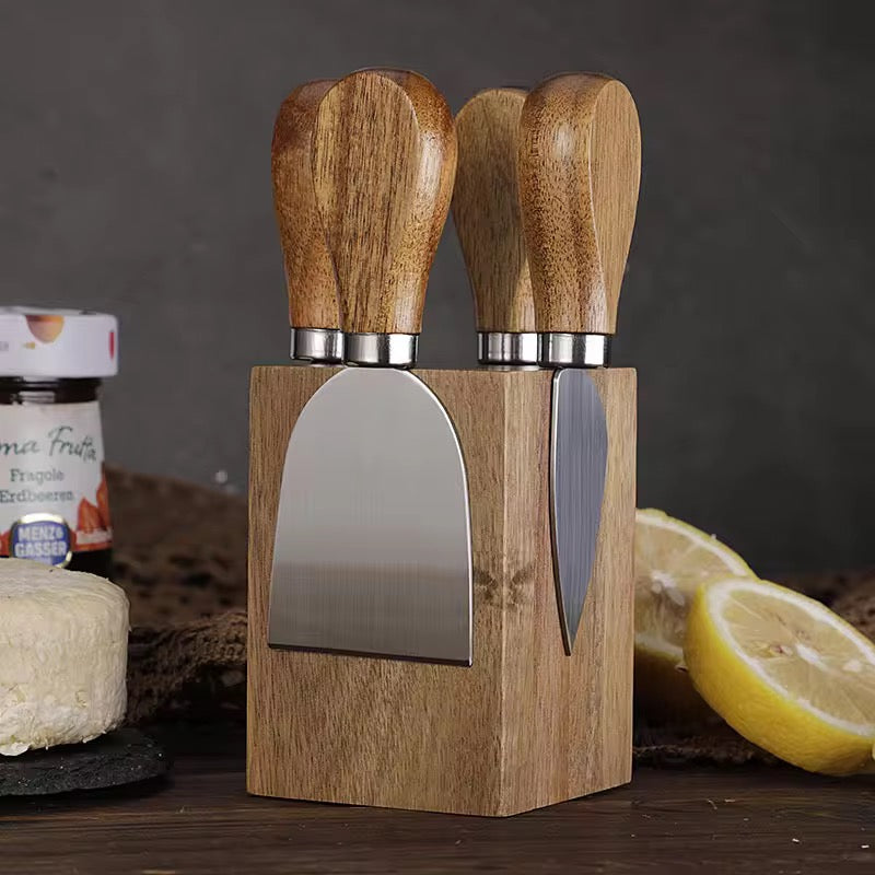 Luxury 5-Piece Acacia Wood Cheese Knife Set with Standing Magnetic Display Block