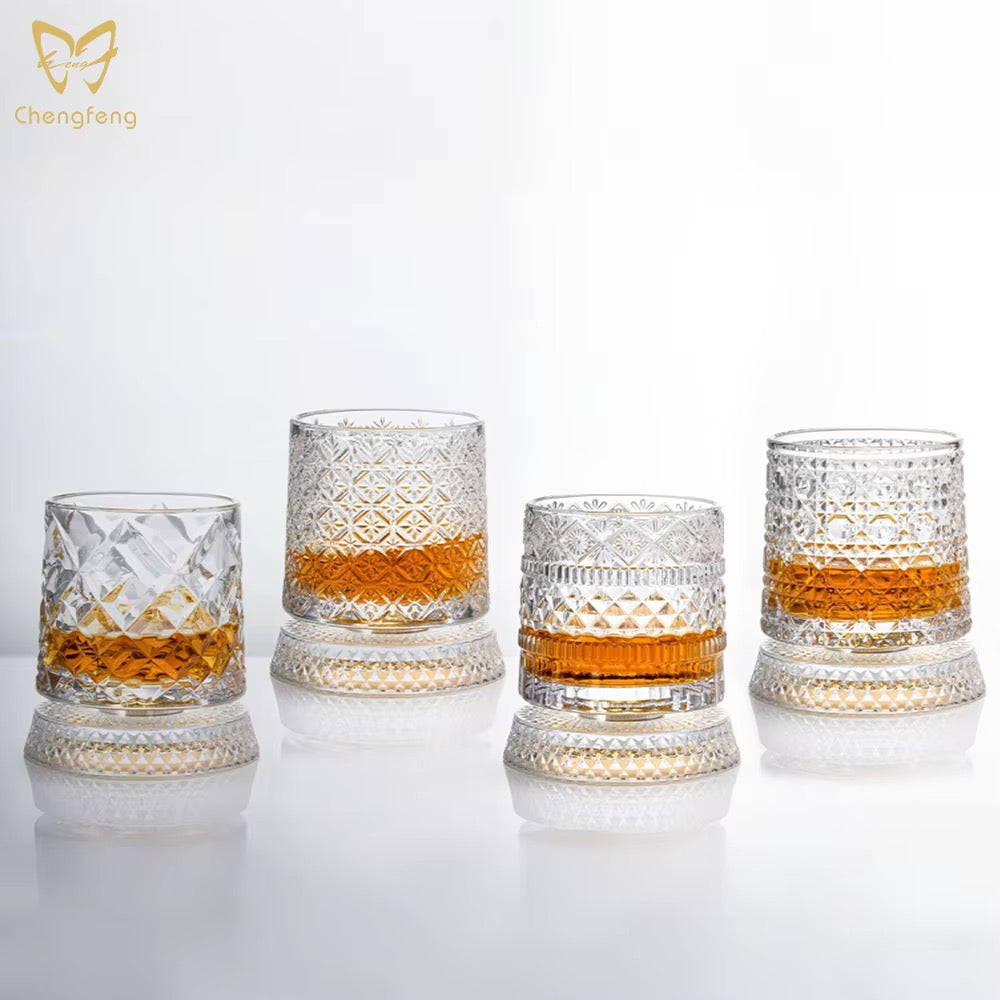 Rotating Crystal Whiskey Glass Set – 360° Spinning Tumblers with Hardwood Coasters (Set of 2)