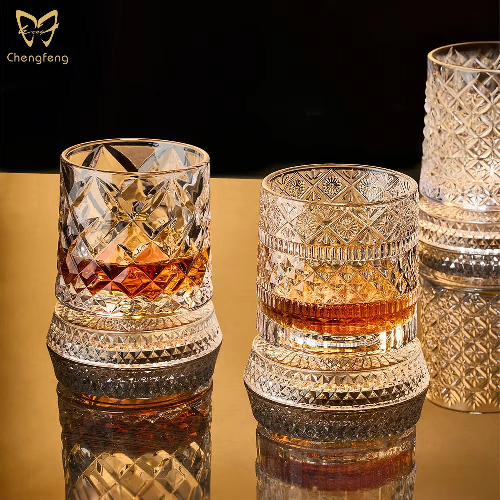 Rotating Crystal Whiskey Glass Set – 360° Spinning Tumblers with Hardwood Coasters (Set of 2)