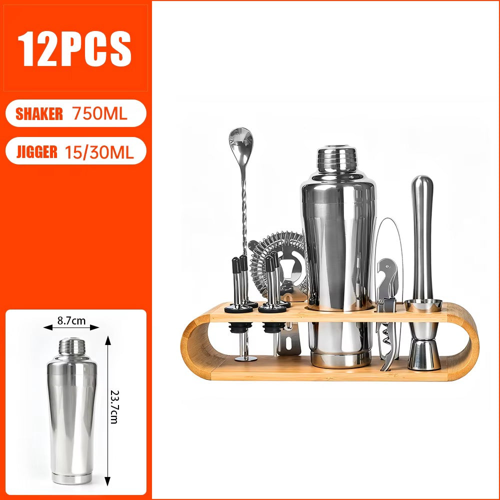 uxury 12-Piece Bartender Kit with Curved Bamboo Stand – 304 Stainless Steel Cocktail Shaker Set